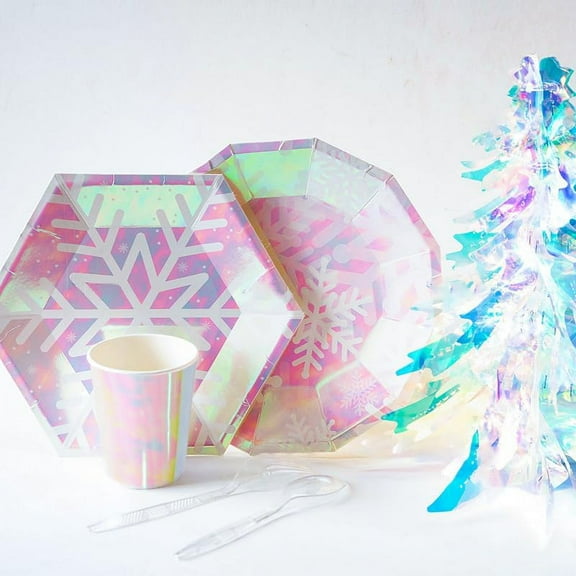 YUYAN-Snowflake Plates, Disposable Glitter Iridescent Pink Paper Plates Dodecagon Snow Theme Girls Birthday Party Supplies, Wedding, Bridal Shower, Baby Shower, Mother‘s Day, 9in 24ct