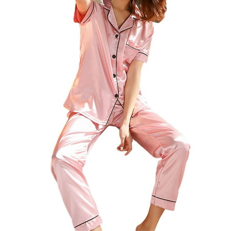 

Calsunbaby Women s Satin Pajamas Sets Short Sleeve Tops Long Pants Nightwear