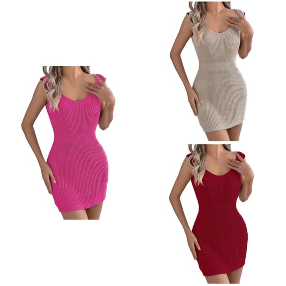 Antinious Ladies Summer Dress,Elegant Dresses for Women,Mini Dresses for Women Solid Silm Knitted Camis Sleeveless V-Neck Pullover Dress,Hot Pink,XL