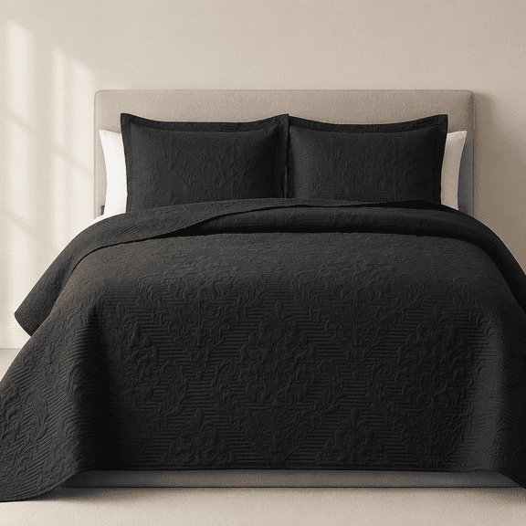 Black Quilt Size - Damask Ultrasonic All Season Bedspread Soft Lightweight Coverlet Bedding Set 2 Pieces (1 1ow Sham)