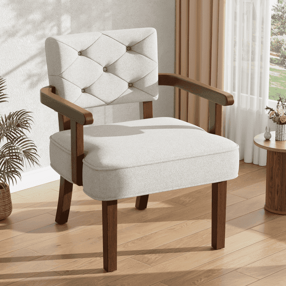 Iinnov Zbom Mid-Century Modern Accent Chair, Upholstered Armchair with Tufted Backrest and Cushion, Beige