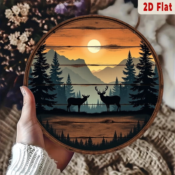 Deer Silhouette at Sunset Mountain Round Aluminum Sign, Wildlife Wall Decor, 1pc, 8" Wall Art Metal Sign, For Door, Office, Cafe, Bedroom Decor, Room, Home, Ideal Gift, Weather Resistant, 2D Flat