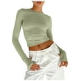 thumbnail image 1 of Blusa de mujer de color liso con cuello redondo y manga larga - Top ajustado con detalle de botones, 85 % nailon/15 % spandex para uso diario, 1 of 6