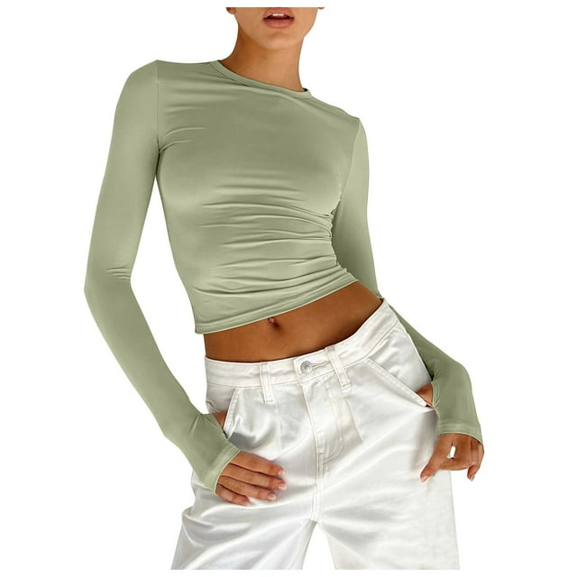 T-shirt à Col Rond Uni pour Femme, Fille Aguichant, Coupe Ajustée, Manches Longues, Chemise à Boutons au Doigt