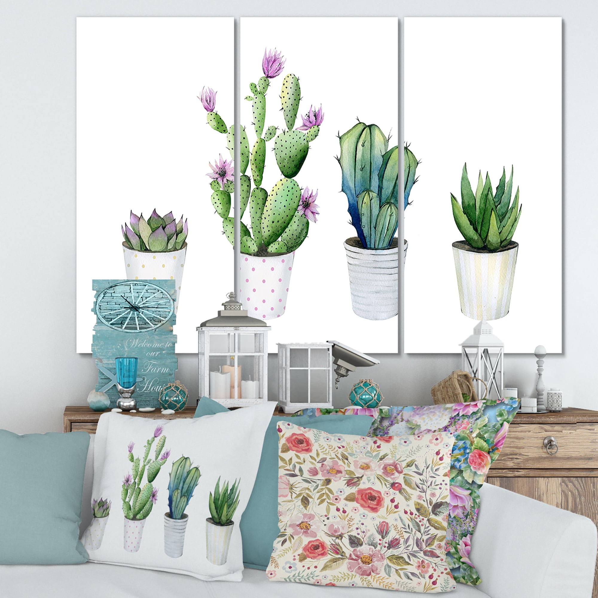 Designart ' Aloe Vera Cactus Succulent Home Plants In The Pots ' Farmhouse Canvas Wall Art Print