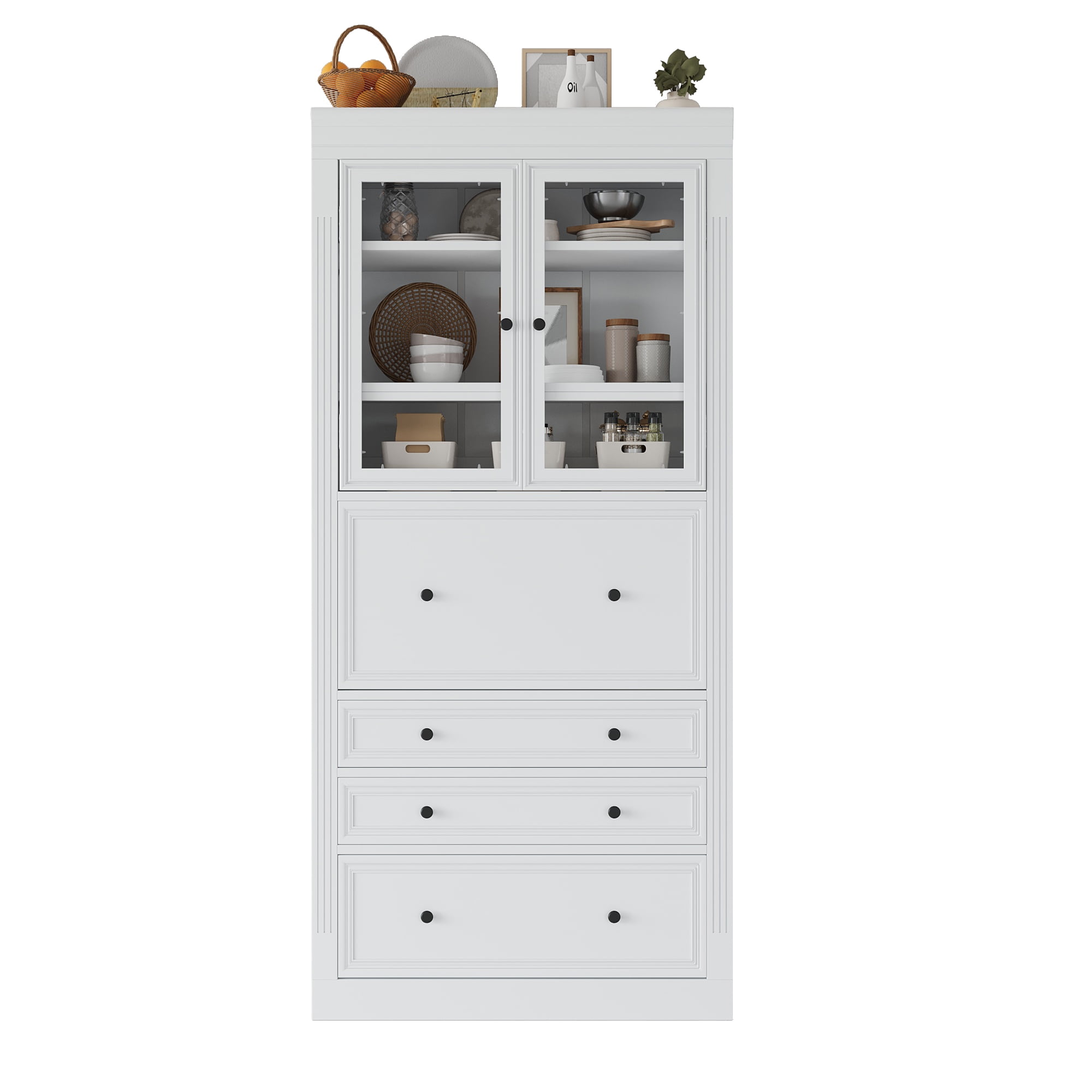 Euroco 36x16.5x78inch Freestanding Kitchen Pantry Storage Cabinet,Multifunctional Cupboard with 3 Drawers,Adjustable Shelves and Power Outlet for Dining and Living Room,White