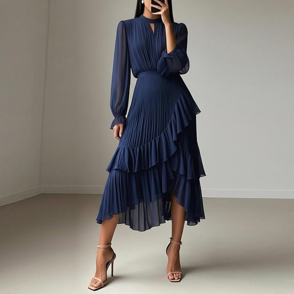 Haivin Women's Pleated Formal Dress, Solid Color with Ruffle Hem and Irregular Hemline, Long Sleeves, Round Neck, Evening Gown for Parties, Weddings and Special Occasions