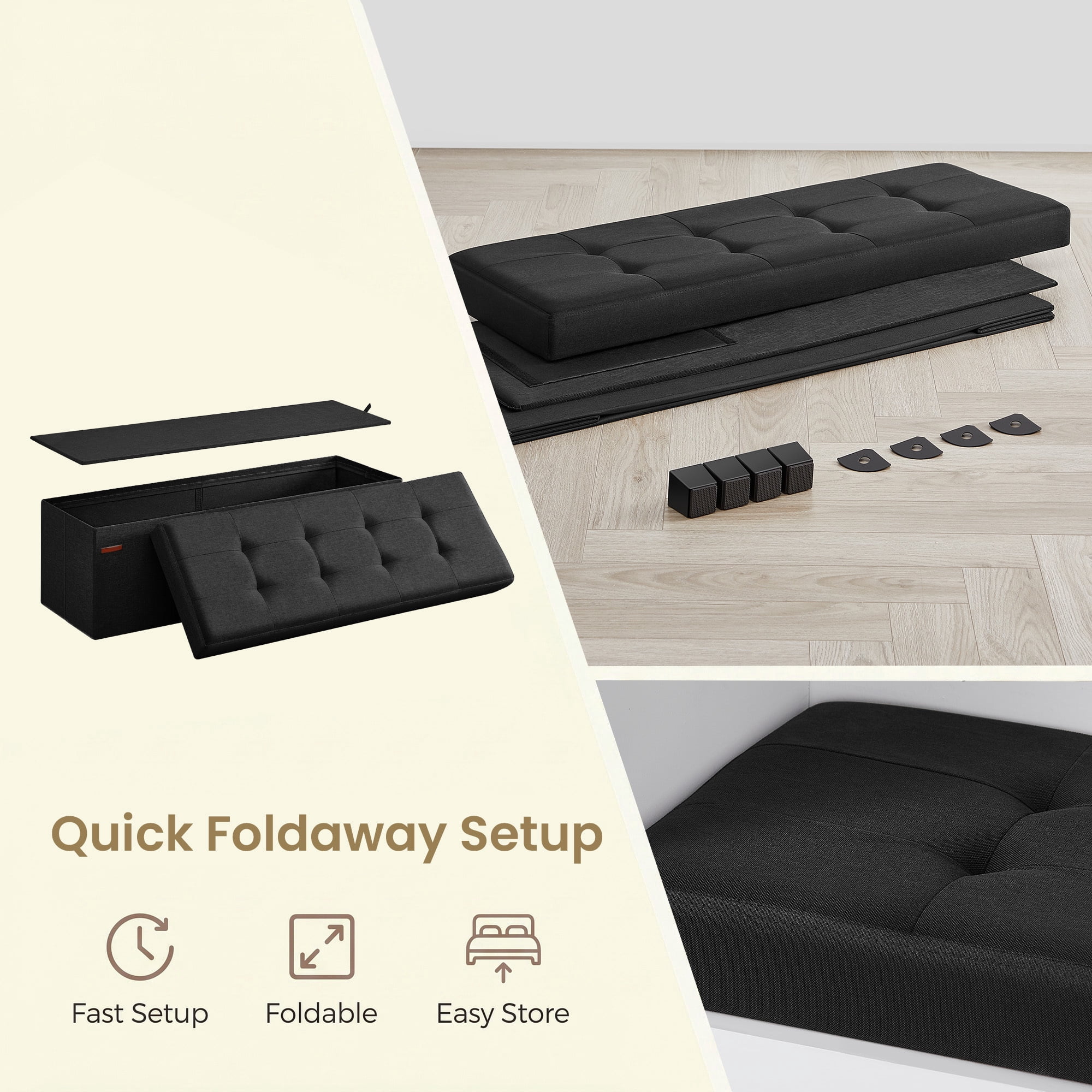 Ledrem Ink Black Folding Storage Ottoman Bench with Footrest, Large