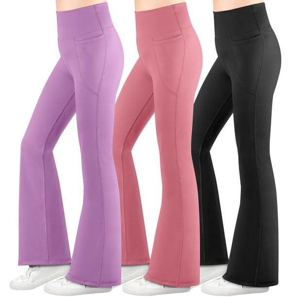 BIG ELEPHANT 3 Packs de Leggings Acampanados para Niña con Bolsillos Laterales, Pantalones Acampanados de Cintura Alta para Baile