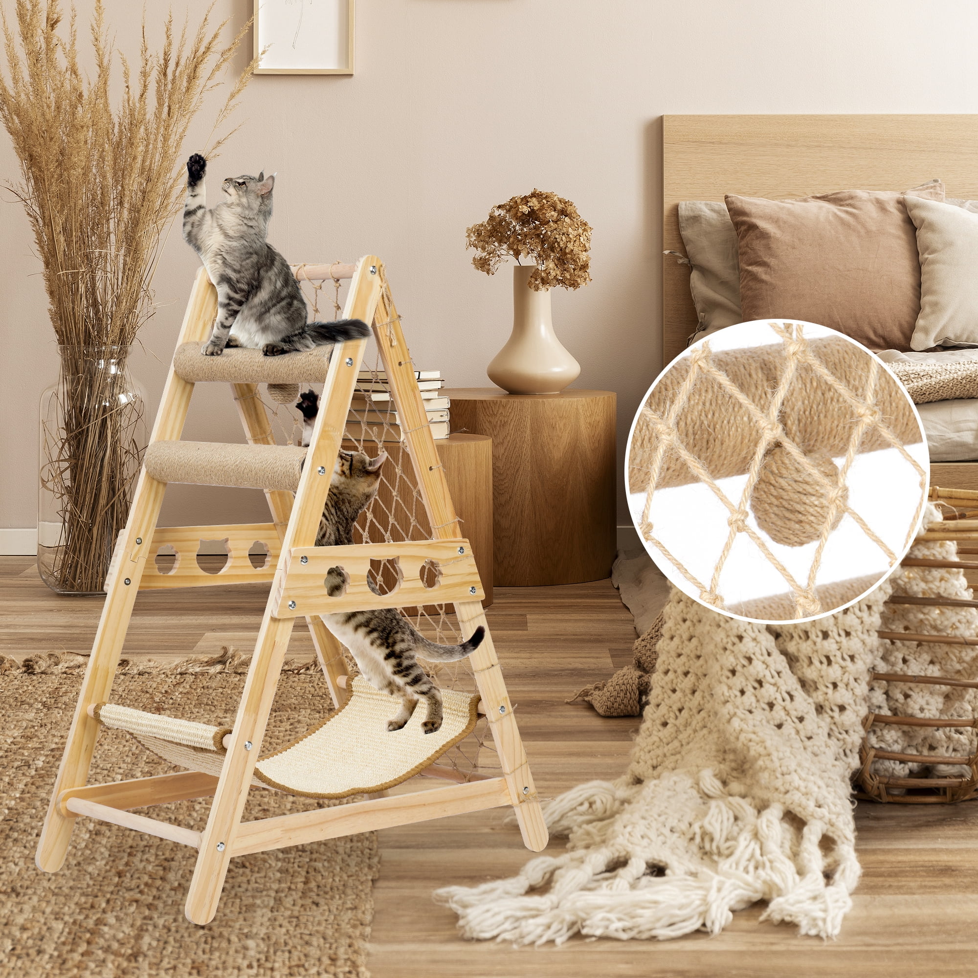 AIWFL Cat Hammock, Cat Furniture Cat Tower with Straching Post Climbing Web and Danging Sisal Ball, Solid Wood Indoor Cat Tree