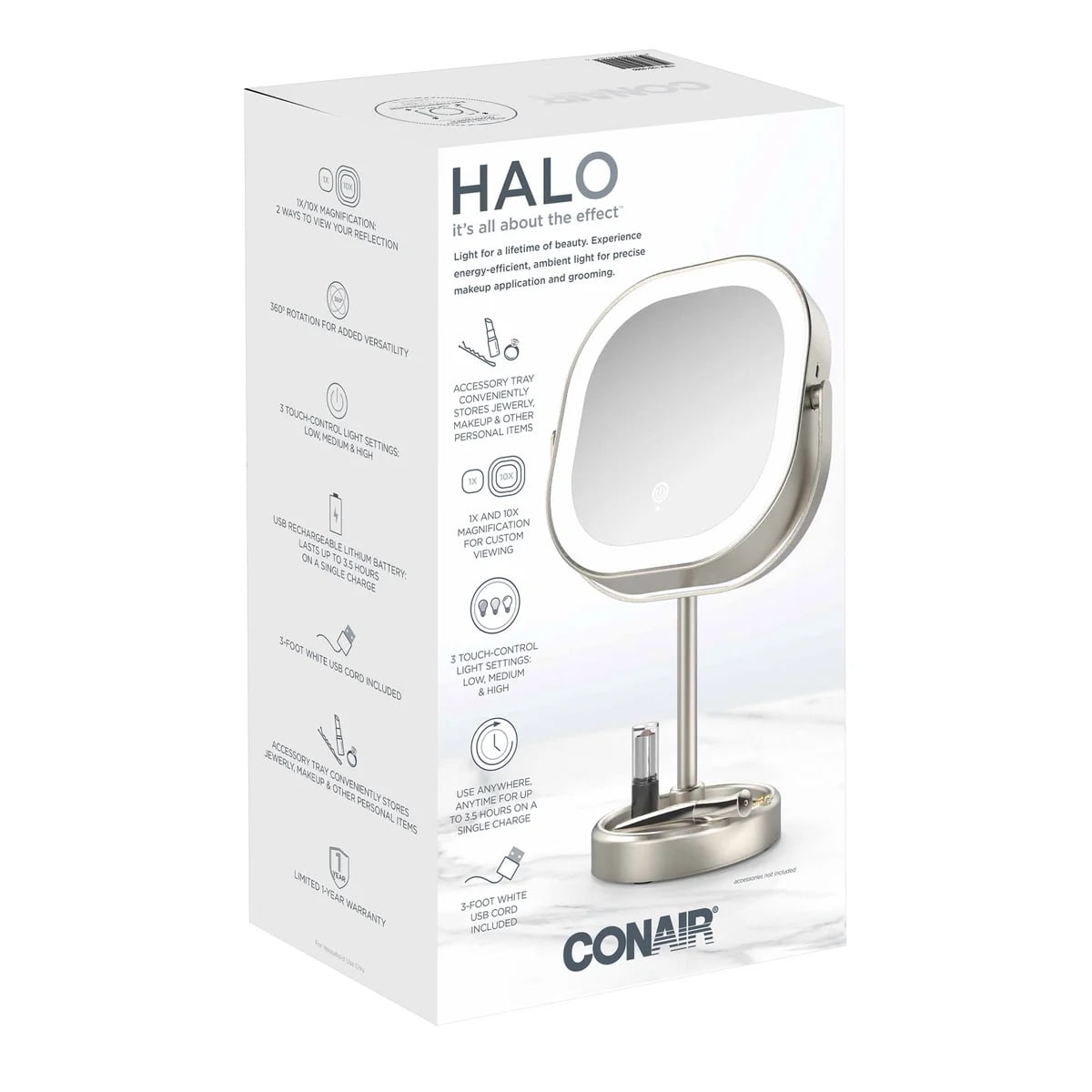 Conair Halo LED Double Sided 1x/10x Vanity Mirror 360° Rotation USB Rechargeable