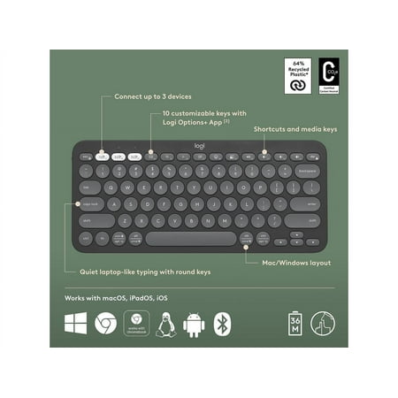 Logitech - Pebble Keys 2 Slim TKL Wireless Scissor Keyboard for Windows, macOS, iPadOS, Chrome - Graphite