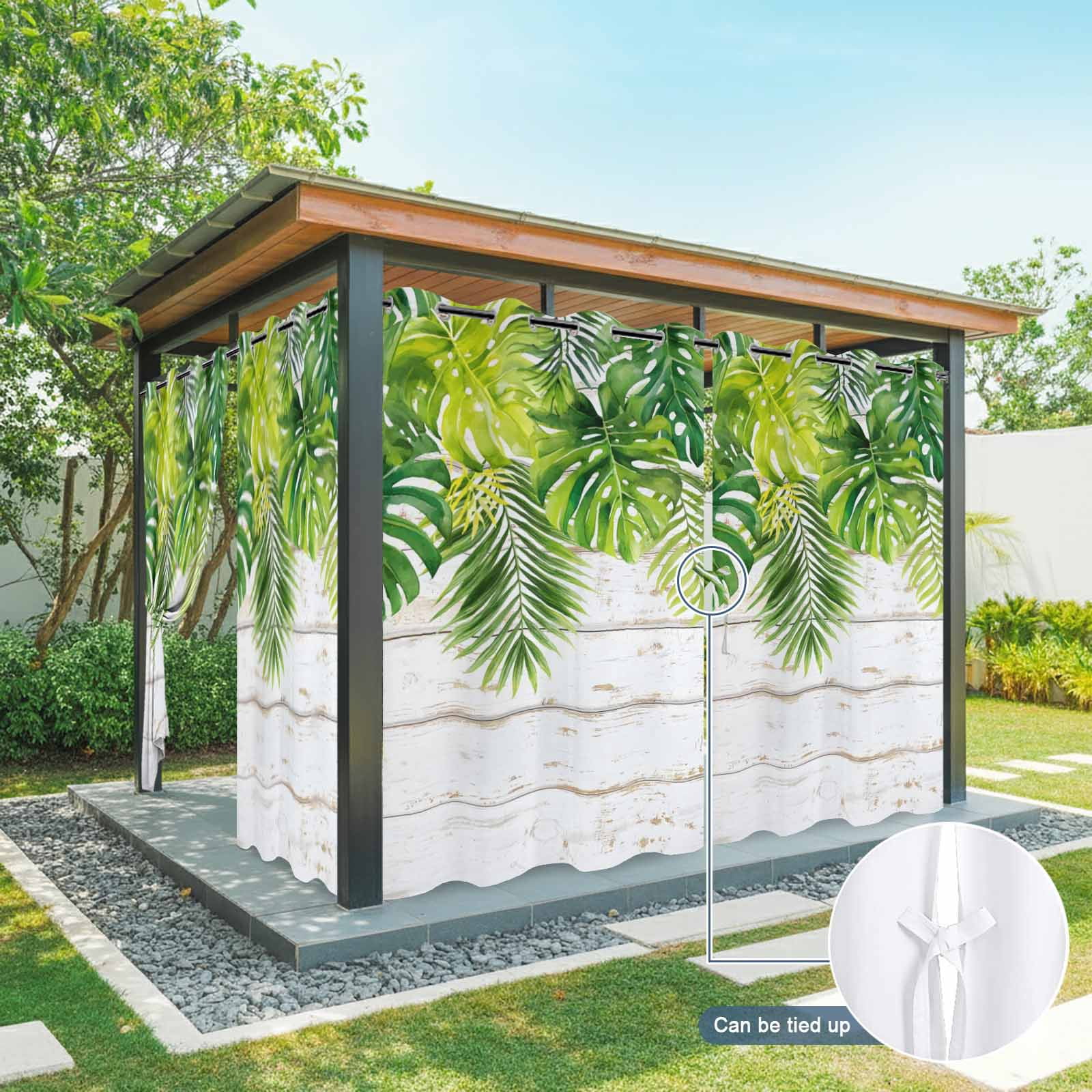 Palm Leaf Outdoor Curtains for Patio, Green Tropical Plant Rustic Country Farm White Wood Grain Sunshade Privacy Drapes Grommet Waterproof Outside Curtains for Porch/Cabana/Balcony 54"x 108", 2 Panel