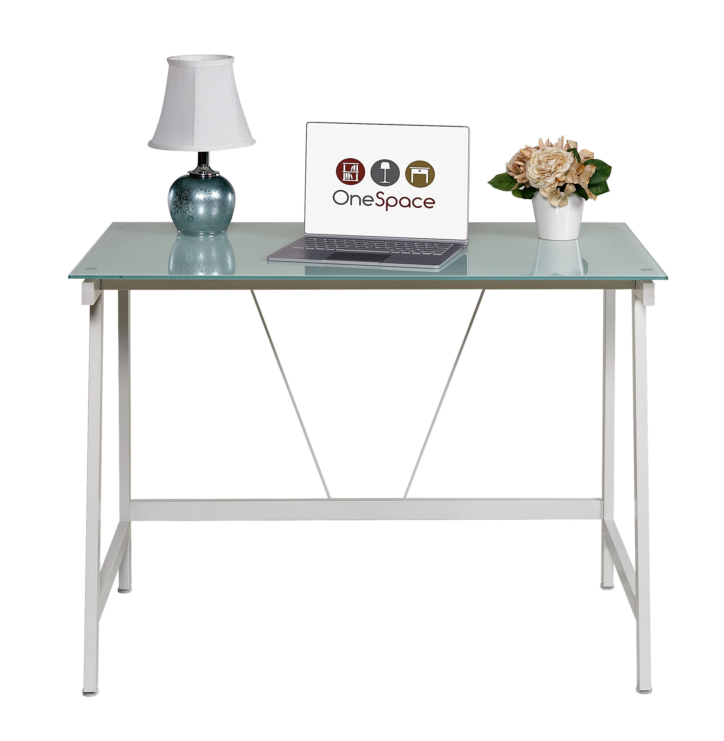 Black Steel Frame OneSpace Contemporary Glass Writing Desk