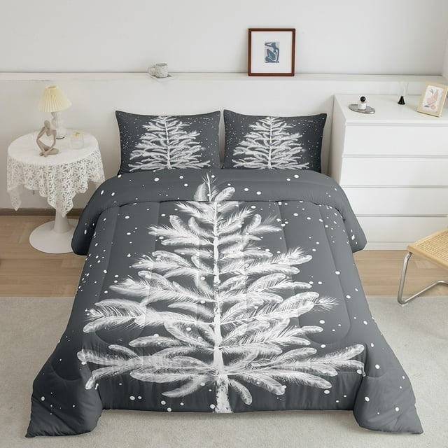 Christmas Tree Queen Bedding Set for Kids Boys Girls,Merry Christmas Comforter Set,Winter Snowflake Floral Duvet Insert,Abstract Feather Xmas Decorations Grey Quilt Set Bedroom Decor