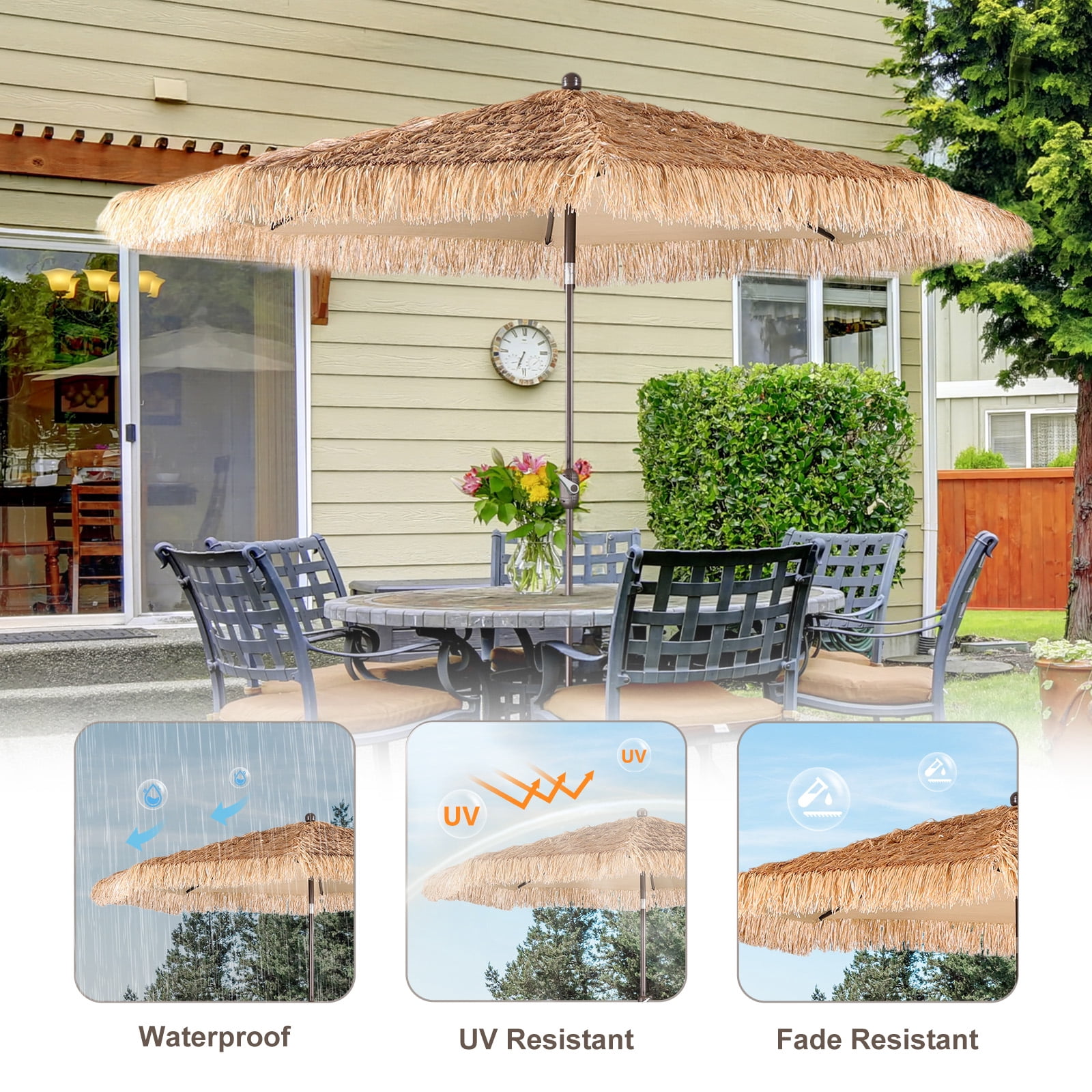 Aoodor 9FT Thatch Patio Umbrella, Tiki Style Outdoor Umbrella with Crank Lift for Poolside, Backyard, Beach - Natural Straw Look (No Base)