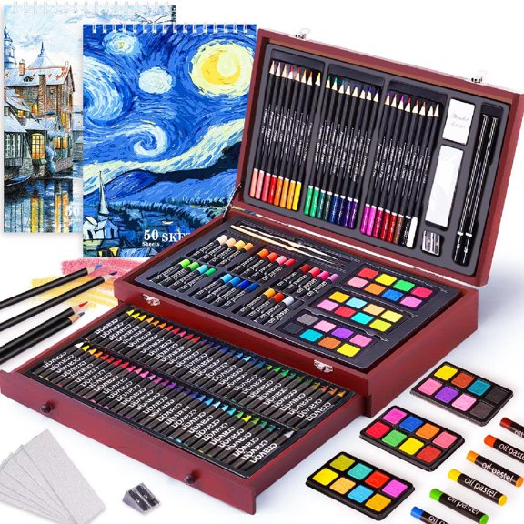 145 Piece Deluxe Art Set with 2 x 50 Sheet Drawing Pad, Art Supplies Wooden Art Box, Drawing Painting Kit with Crayons, Oil Pastels, Colored Pencils, Creative Gift Box for Adults Artist Beginners