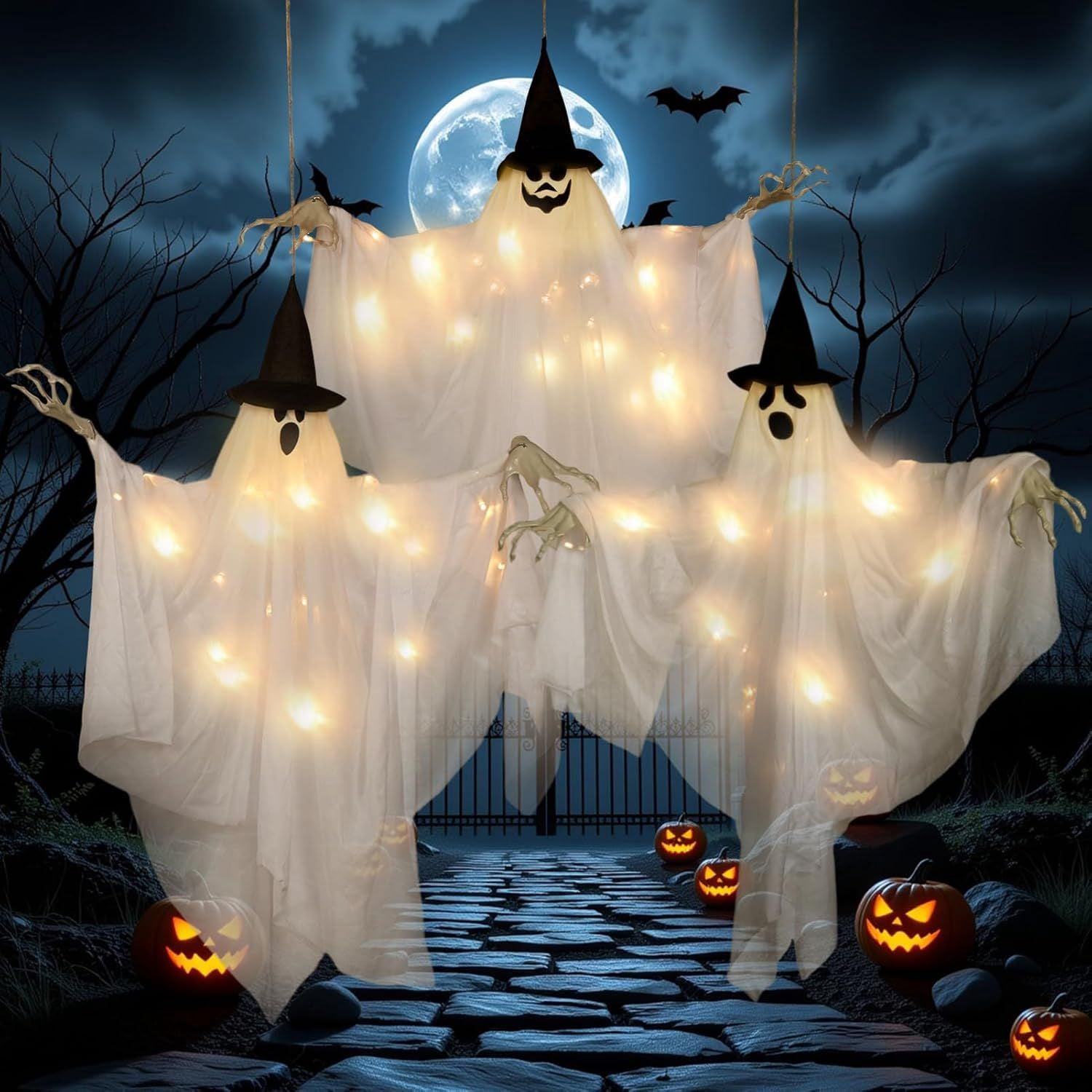 2 Pack Hanging Ghost Decorations 70cm with 8 Mode Lights for Indoor Outdoor