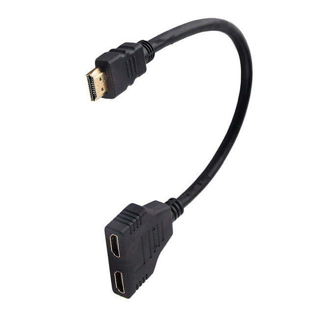 1080p macho, adaptador divisor de 1 a 2 vías un cable hurbra dual para tv hd cable HDMI macho a doble HDMI hembra negro de 30 cm con conector dorado y cuerpo en Y, vista 3/4; permite conectar HDTV, monitor LCD o proyector; los dos puertos hembra no pueden usarse al mismo tiempo.
