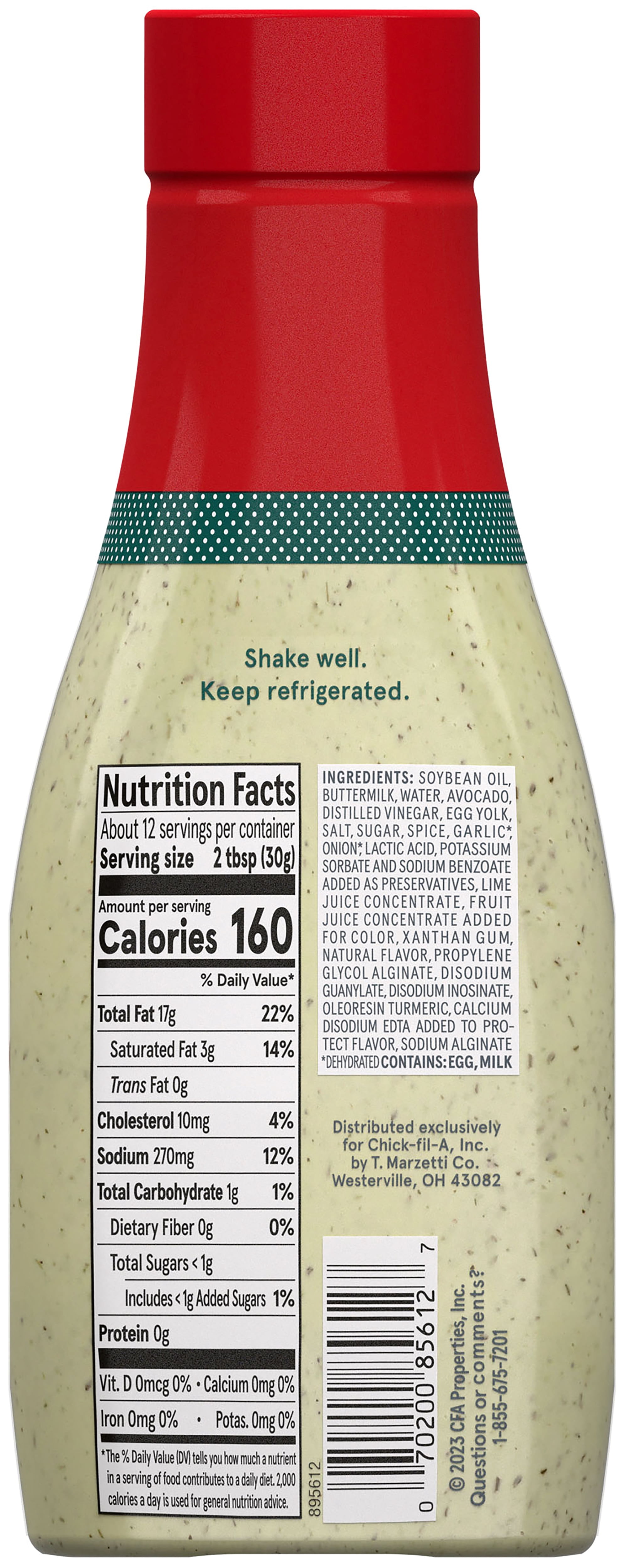 Chick-Fil-A Avocado Lime Ranch Salad Dressing, Refrigerated, 12 oz Bottle