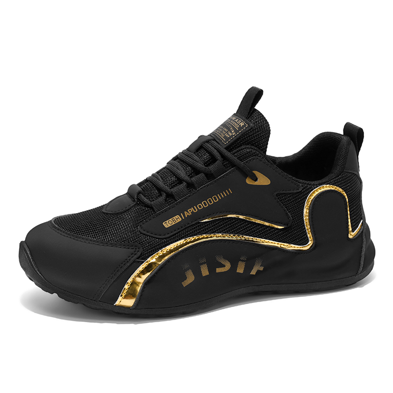 Tenis casuales de perfil bajo para hombre, con malla transpirable y acentos dorados, ligeros para gimnasio y uso diario, negro 2