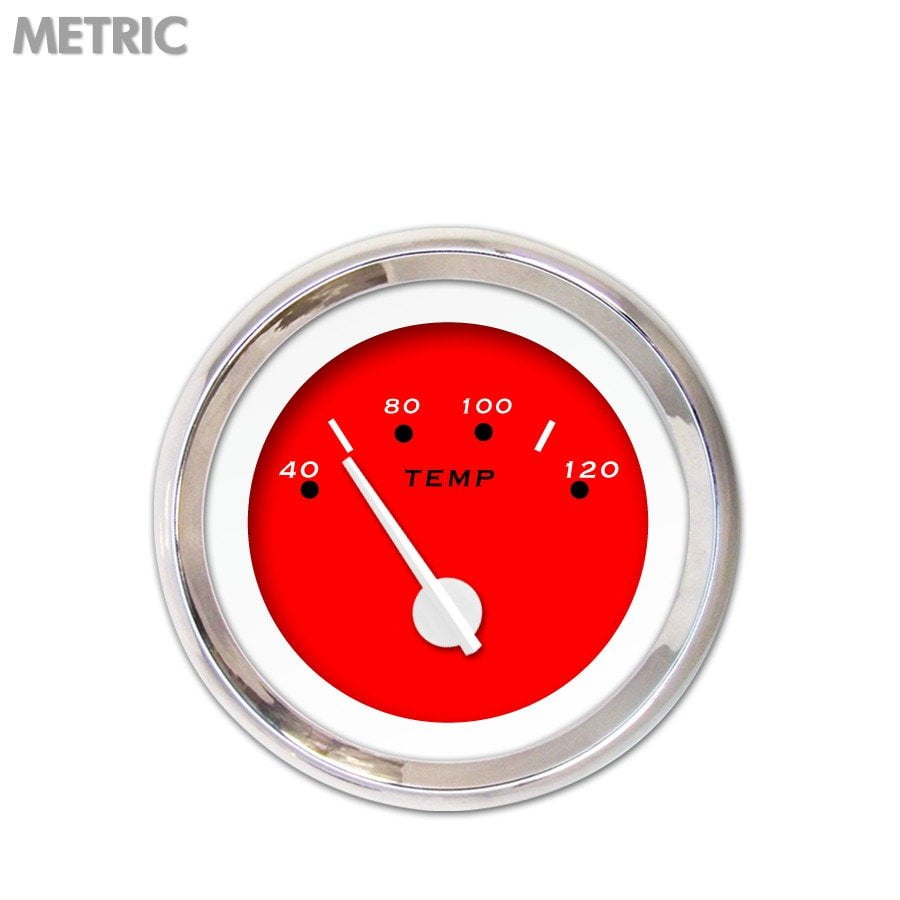 Water Temp Gauge Metric Pegged Red , White Modern Needles, Chrome Trim