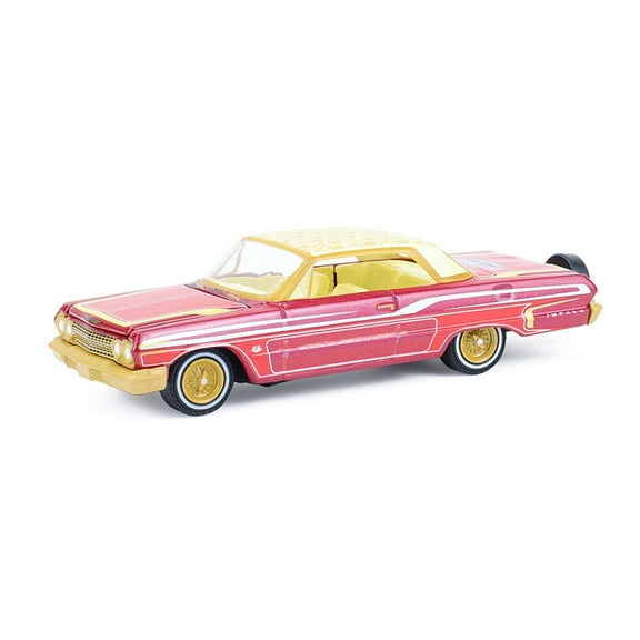 1963 Chevrolet Impala Lowrider Red Metallic with Cream Top and Interior with Gold Graphics 1/64 Diecast Model Car by Greenlight