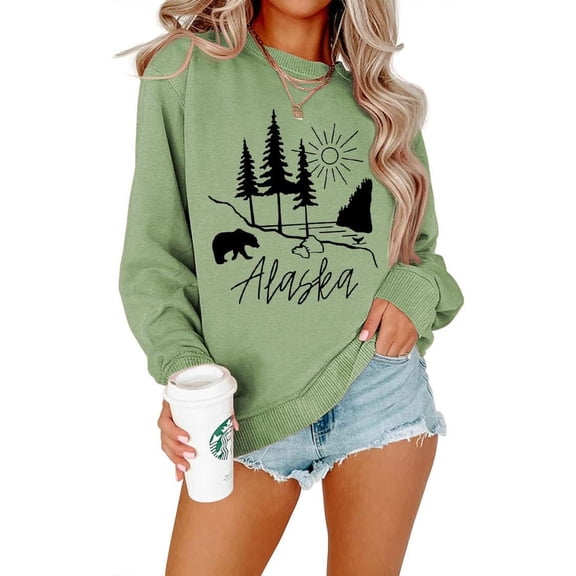 Women Alaska bear print pullover long sleeve sweatshirt