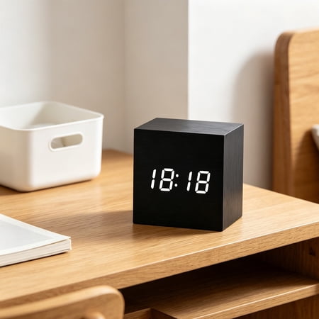 AuroraX Digital Alarm Clock Temperature Voice Control Bedroom Desk Clock Date Office Decor Silent LED Minimalist Wooden Block Clock Black