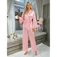 thumbnail image 4 of Women's Pajama Sets Trendy Stripe Long Sleeve Belt Long Pants Women Pjs Sets,A1-Pink,L, 4 of 9