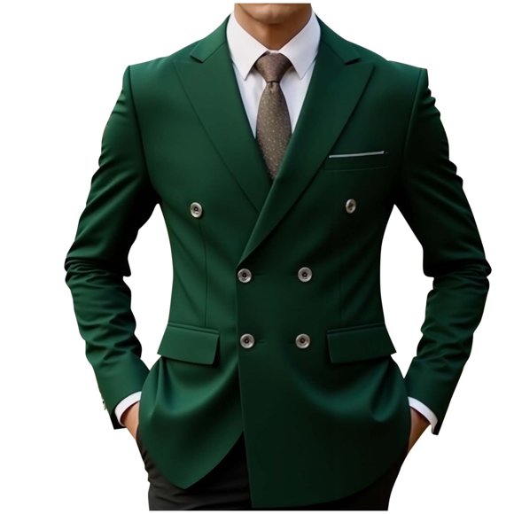 LNWUY Men's Double Breasted Suit Blazer Slim Fit Solid Color Sport Coat Jacket for Business, Wedding, Prom, Formal Events Green S