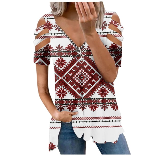 Blusa de manga corta con cuello en V y cremallera suelta para mujer OAVQHLG3B Store lin121212