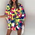 thumbnail image 3 of Pompotops Women's Summer Casual Button Front Printed V-Neck Loose Half Sleeve Drawstring Dresses, 3 of 5