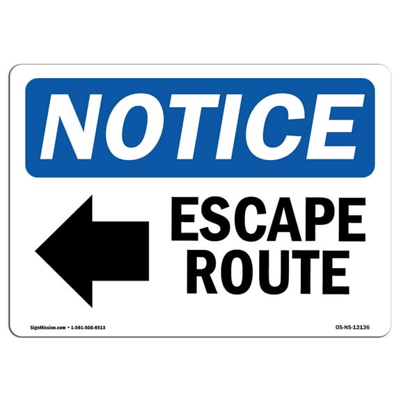 OSHA Notice Signs - Escape Route [Left Arrow] Sign With Symbol | Decal | Protect Your Business, Work Site, Warehouse |  Made in the USA