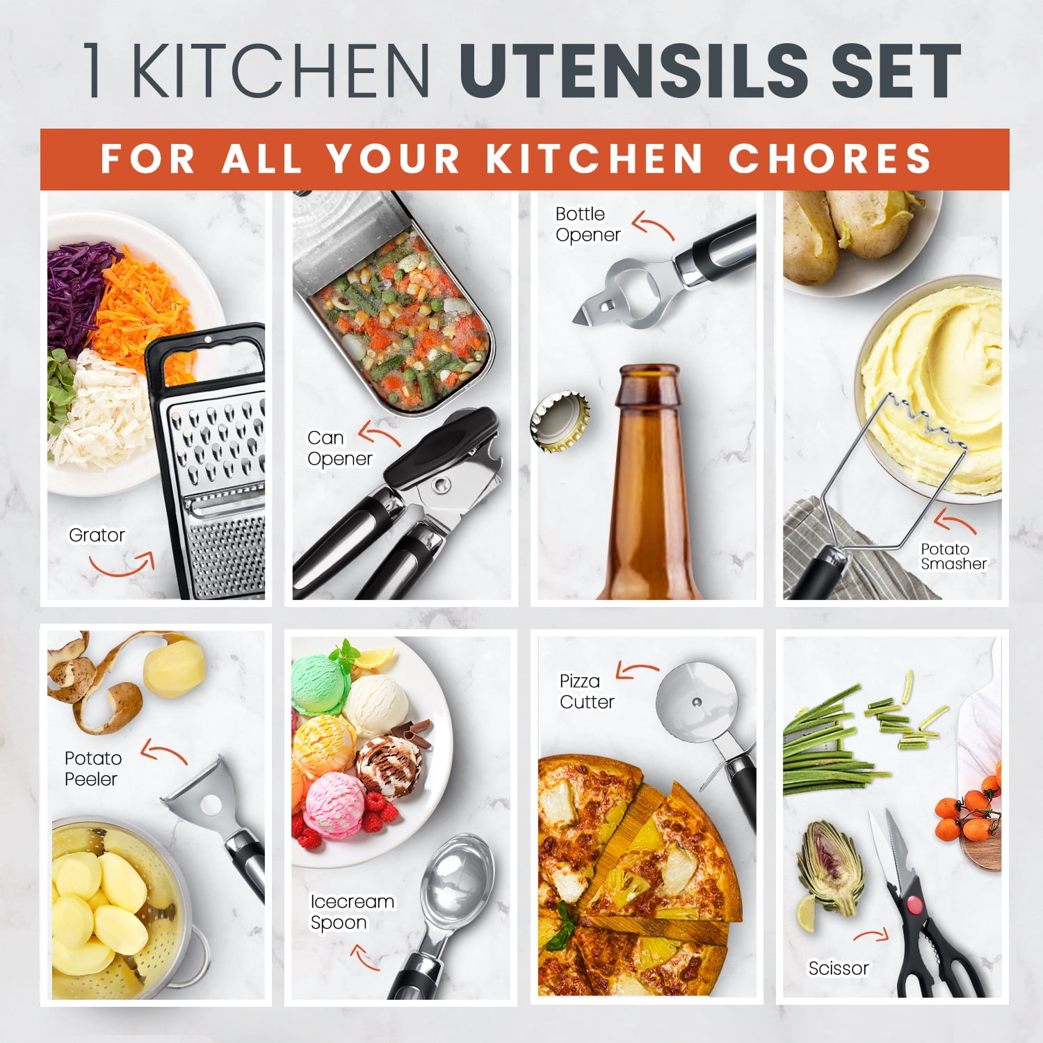 RFAQK Silicone Kitchen Cooking Utensil Set With Holder, 40PCs Heat Resistant Set for Nonstick Cookware, Kitchen Gadgets includes Can Opener, Potato Masher & Peeler, Tongs,spatulas,Pizza cutter & More