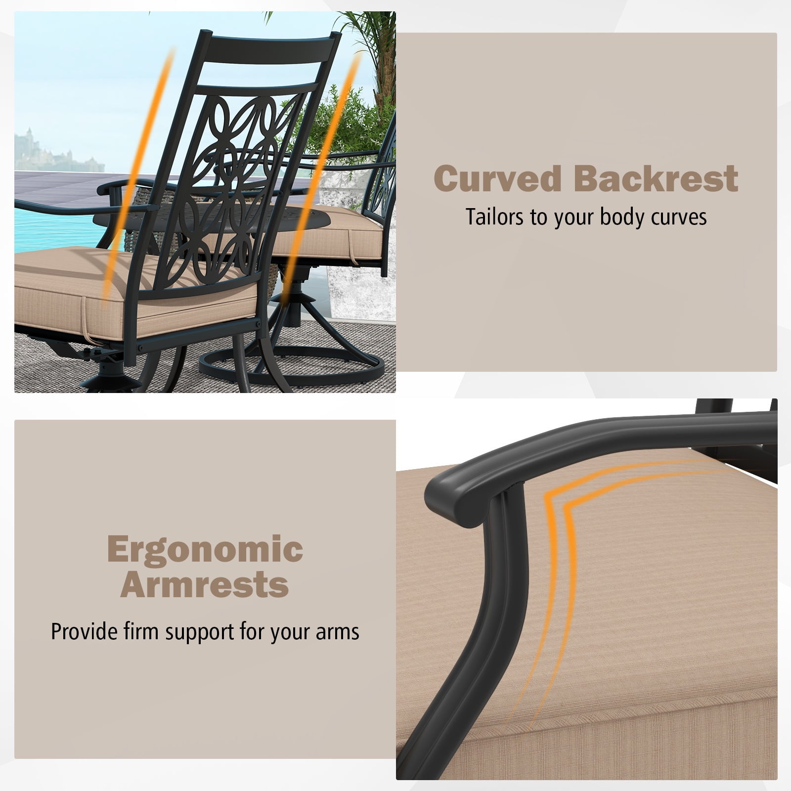 Gymax Patio Metal Swivel Chairs Set of 2 Fabric Bistro Rocker Chairs w/ Curved Armrests
