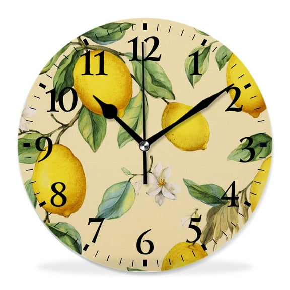 12 Inch Wall Clock Battery Operated Silent Clock Decorative for Office, Kitchen, Outdoor, Living Room，Citrus Fruit Lemons with Green Leaves and Flowers Cute Pattern