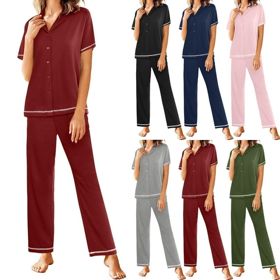 ZZwxWA Cotton Pajamas Sets for Women 2 Piece Button Down Short Sleeve Pj Set with Long Pants Lounge Set Womens Soft Sleepwear