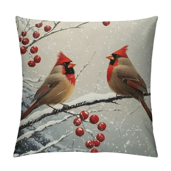 Patifu Winter Cardinal Throw Pillow Cover Christmas Red Bird Berries Pillowcase  Xmas Snow Pine Trees  Square Cushion Covers for Farmhouse Home Couch Living Room Bed Sofa Car  12x12in