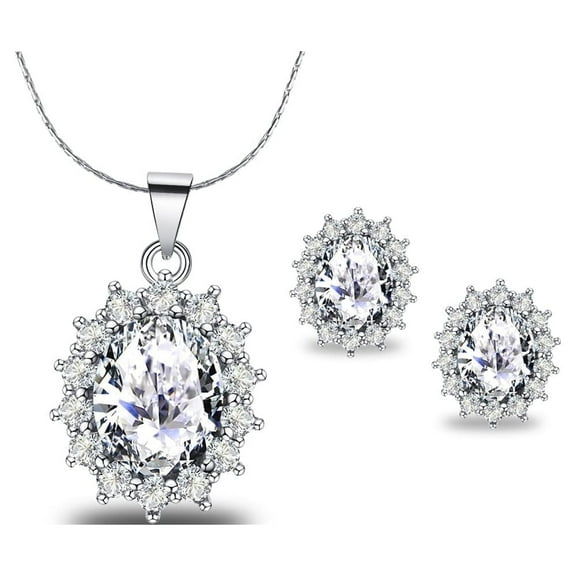 Paris Jewelry 18K White Gold Created Diamond 2 Ct Oval Necklace 18 inch for Women plated