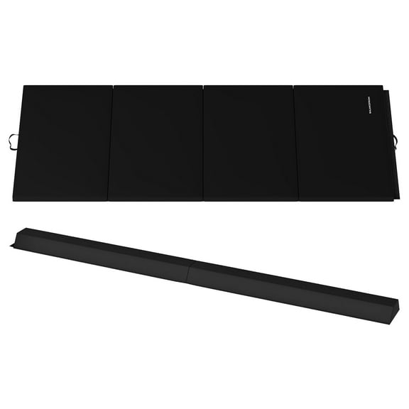 BalanceFrom 8ft x 4ft x 2in 4-Panel Folding Gymnastics Mat with 8ft Balance Beam, Black
