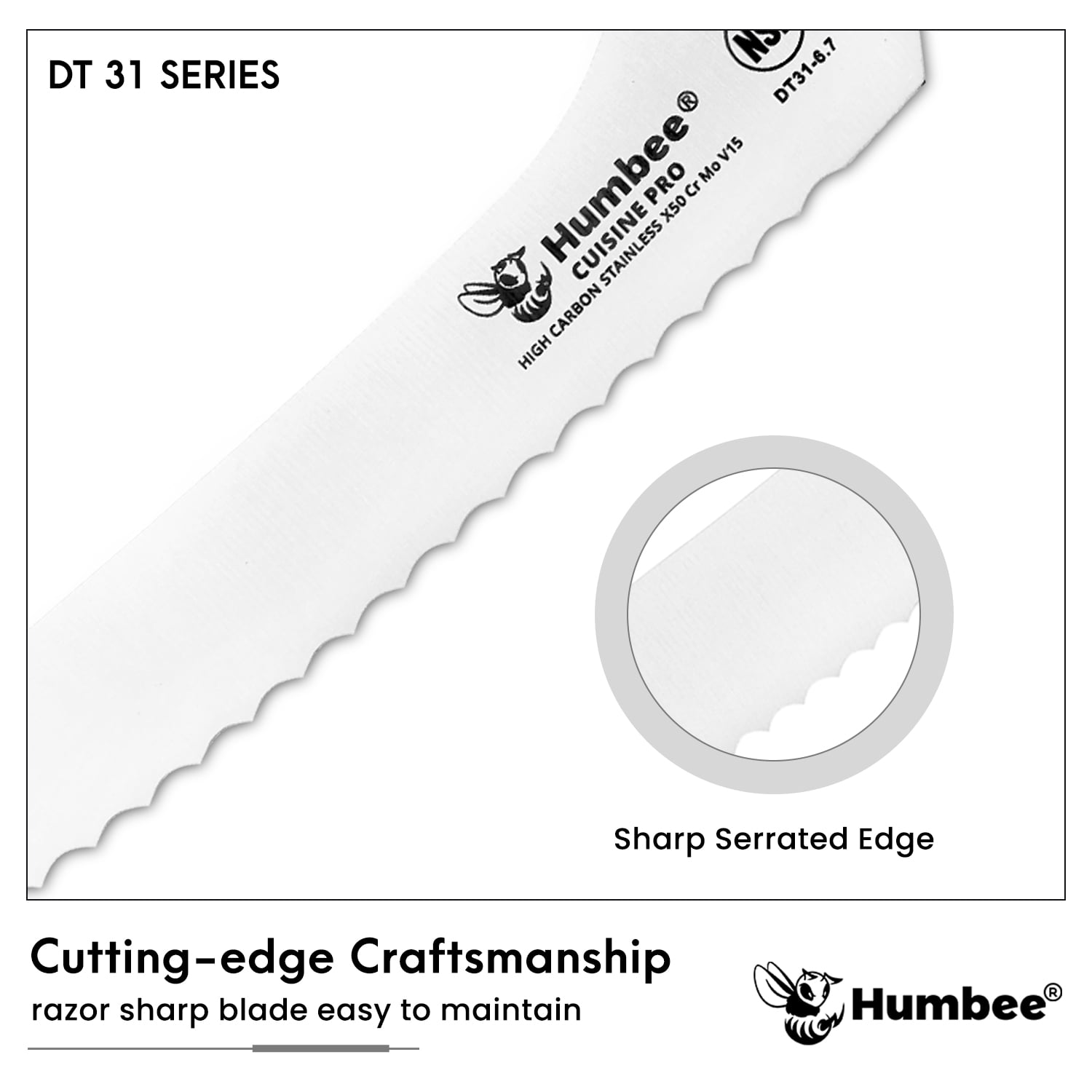 HUMBEE 6-Inch Offset Bread Knife with Width Wave Teeth (Serrated), Orange, DT-31 Series