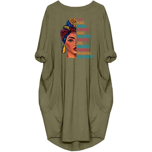 Vestido túnica de gran tamaño con bolsillo suelto de manga larga mágica hermosa de mujer negra Ormromra WMZL-2059-15