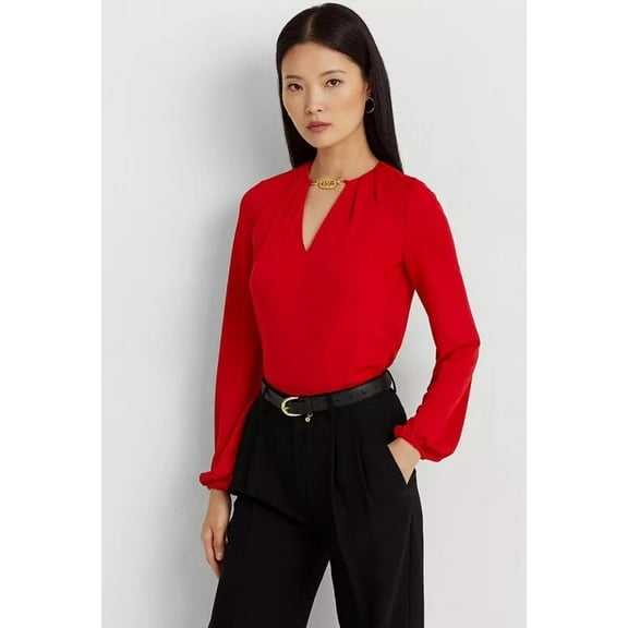 Lauren Ralph Lauren Women's Logo-Trim Stretch Jersey Top, Red Medium