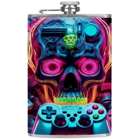

josid Skull Pattern 3.6x6in Stainless Steel Small Flask Leak-Proof Stainless Steel Construction Wrapped in Premium Two-Layer Leather Nano-Printed Design 227ml Capacity