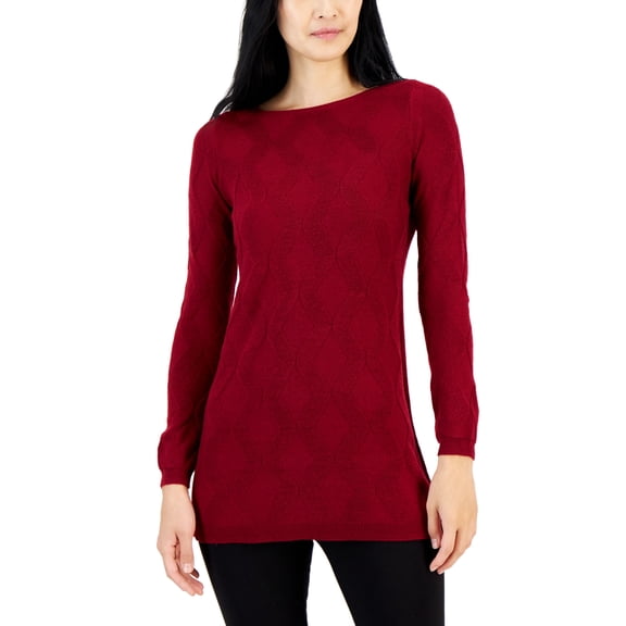 Women's Front Diamond-Stitch Tunic Sweater Red Burgundy XL