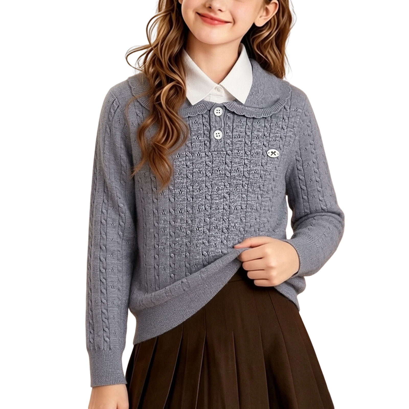 akafmk Girls Cable Knit Sweater Long Sleeve School Uniform Shirts Collared Button Front Soft Versatile Fall Winter Clothes, 1-15Y