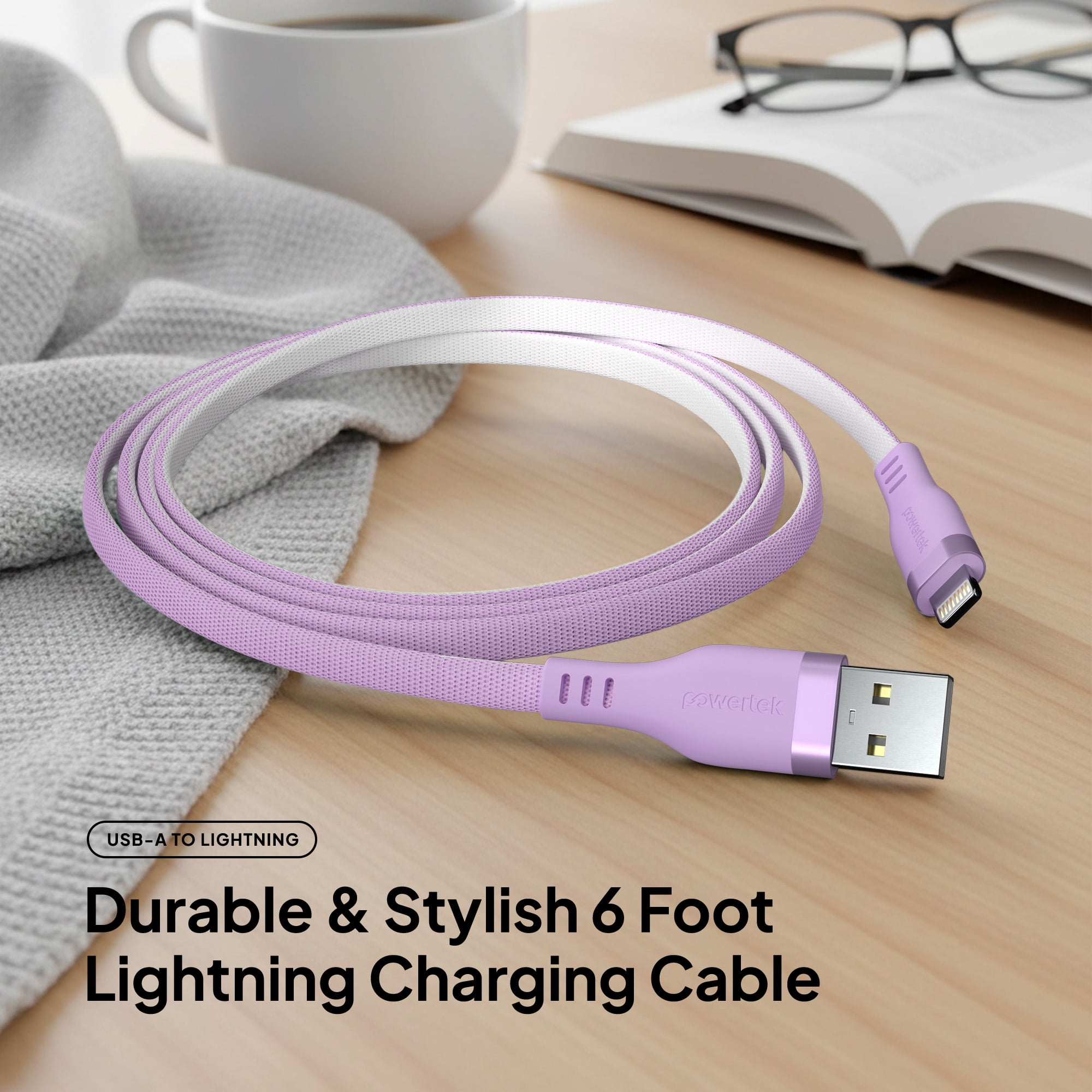 Powertek MFi USB-A to Lightning Two-Tone Pastel Fast Charge Cable, 6 ft, Purple