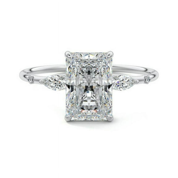 Golden Jewelry Stamped 14K White Gold Plated Engagement Ring - 1.9 Ct Radiant Cut Moissanite Ring - Anniversary Gifts - Side Stone Moissanite Anniversary Ring for Wife - Birthday Gifts for Women's