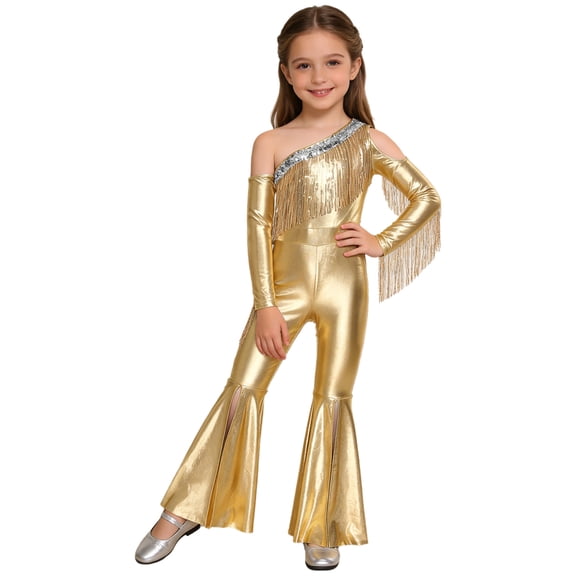Choomomo Girl's One Shouldered Glittery Party Jumpsuit Flared Trousers For Jazz Hip Hop Latin Dance Waltz Birthday Party And Cocktail Event Gold 10